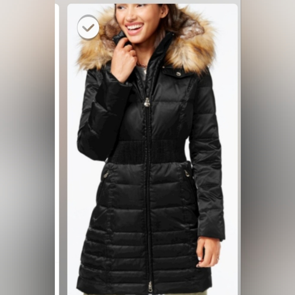 Laundry by Shelli Segal BLACK long puffer coat jacket with Hood LARGE